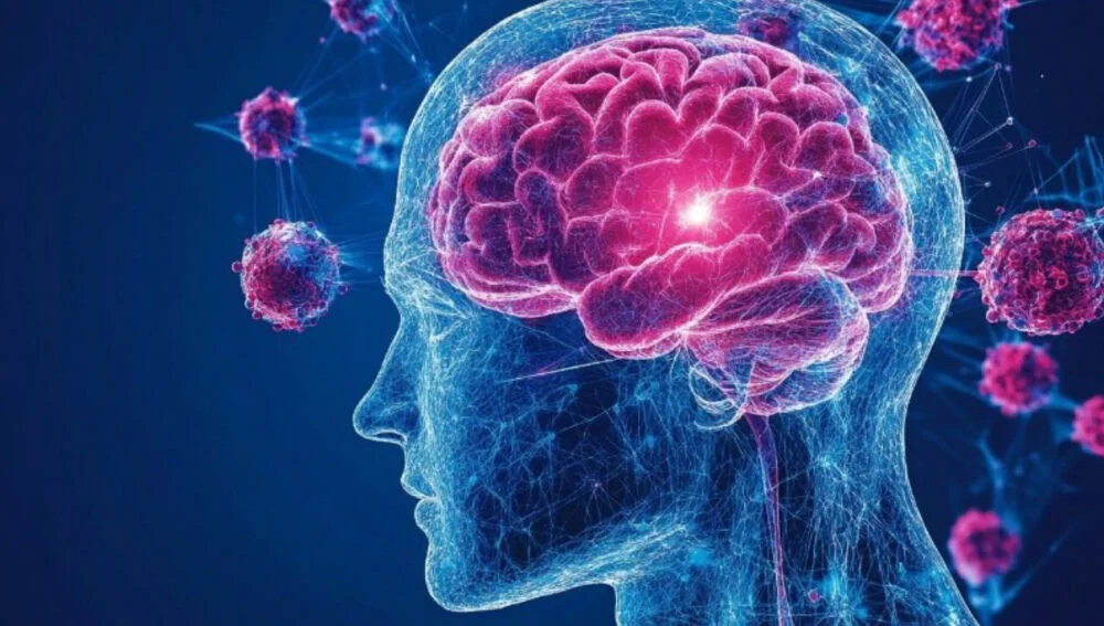 Ilustración del cerebro humano con circuitos activos relacionados con el trastorno obsesivo compulsivo y la estimulación magnética transcraneal