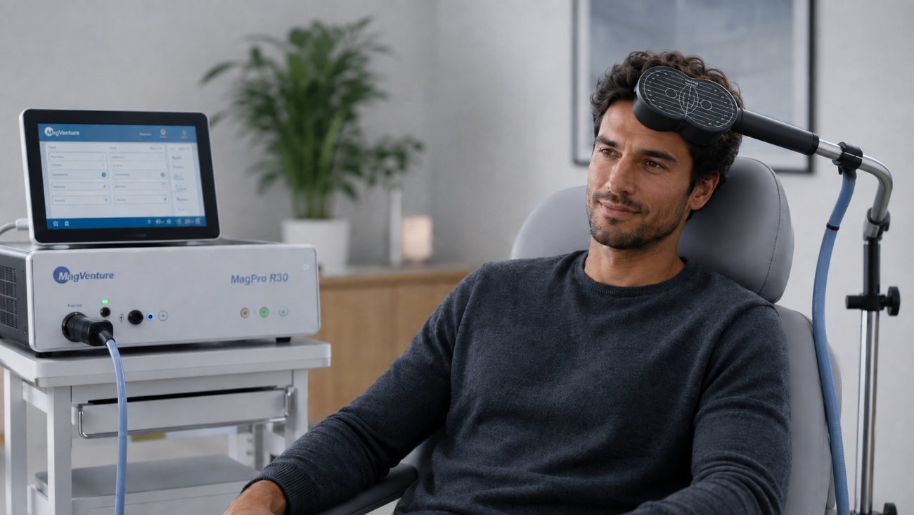 Paciente durante una sesión de estimulación magnética transcraneal (EMTr) para TOC con equipo MagVenture MagPro R30