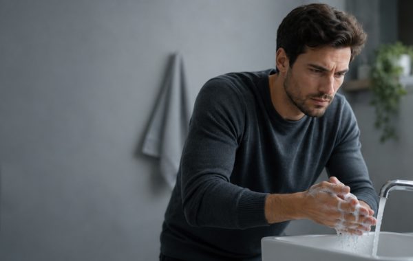 Hombre con gesto de angustia lavándose las manos de forma repetitiva, ejemplo de compulsión en el trastorno obsesivo compulsivo (TOC)