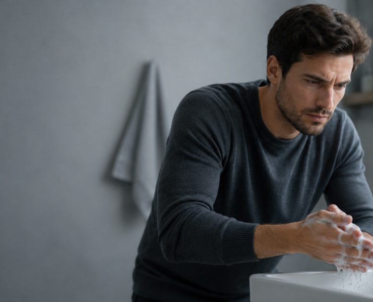 Hombre con gesto de angustia lavándose las manos de forma repetitiva, ejemplo de compulsión en el trastorno obsesivo compulsivo (TOC)