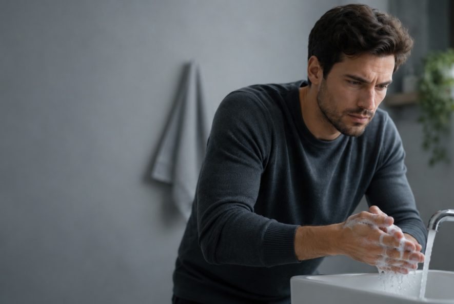 Hombre con gesto de angustia lavándose las manos de forma repetitiva, ejemplo de compulsión en el trastorno obsesivo compulsivo (TOC)