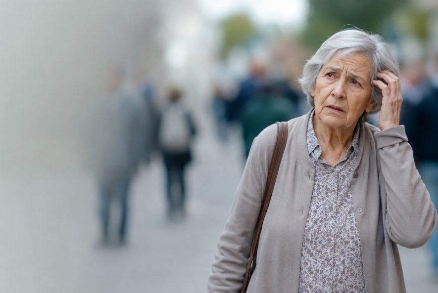 Mujer mayor que se lleva la mano a la cabeza con gesto de preocupación por pérdida de memoria, tema de la prevención del Alzheimer